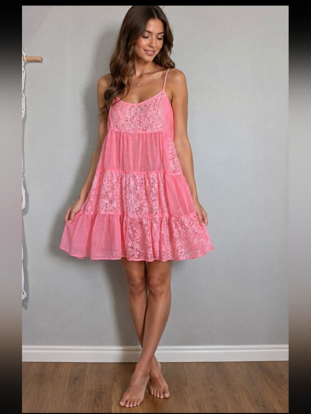 Free People Sheer Lace Patchwork Panel Babydoll Swing Strappy Mini Dress S